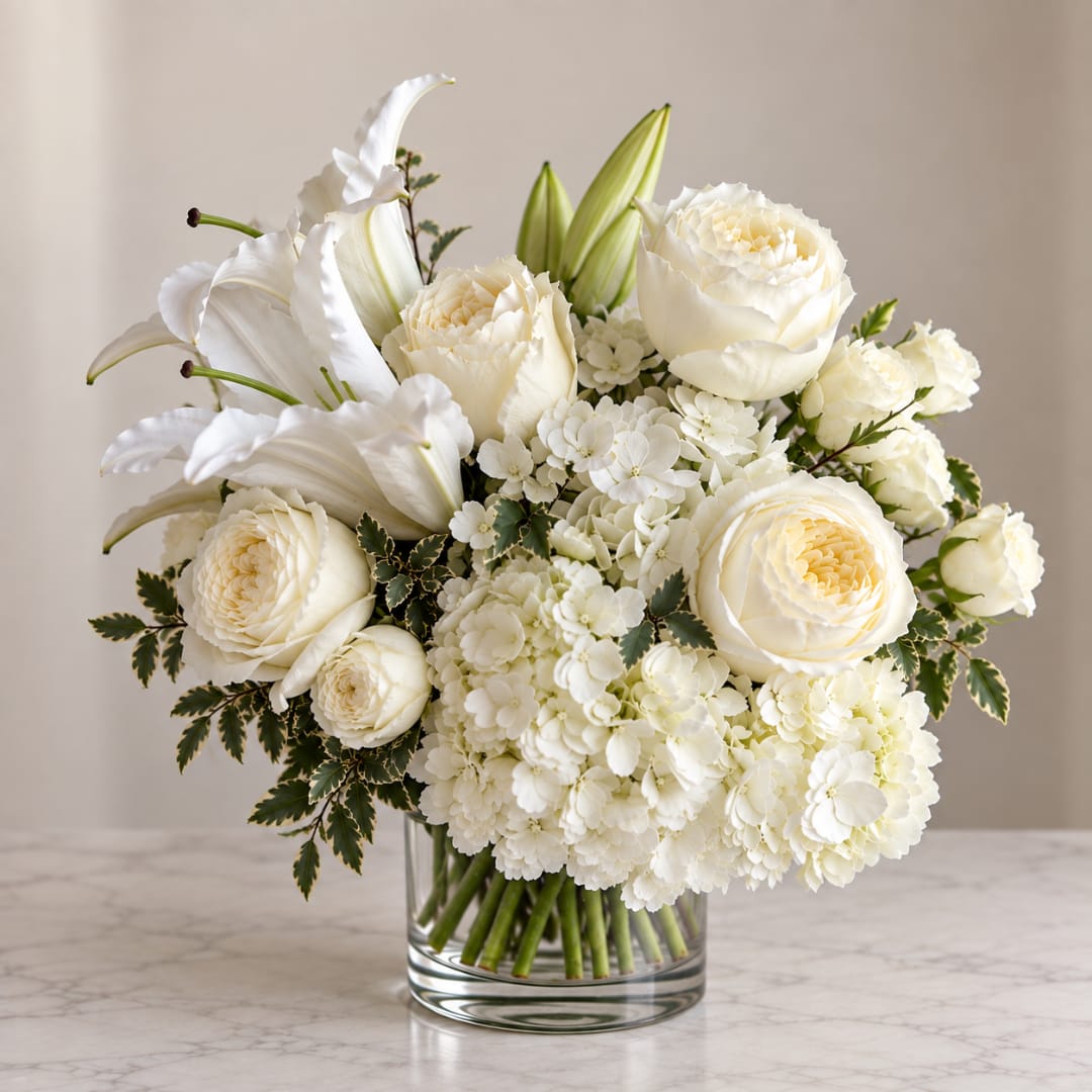 White roses and lilies arranged in a clear glass vase