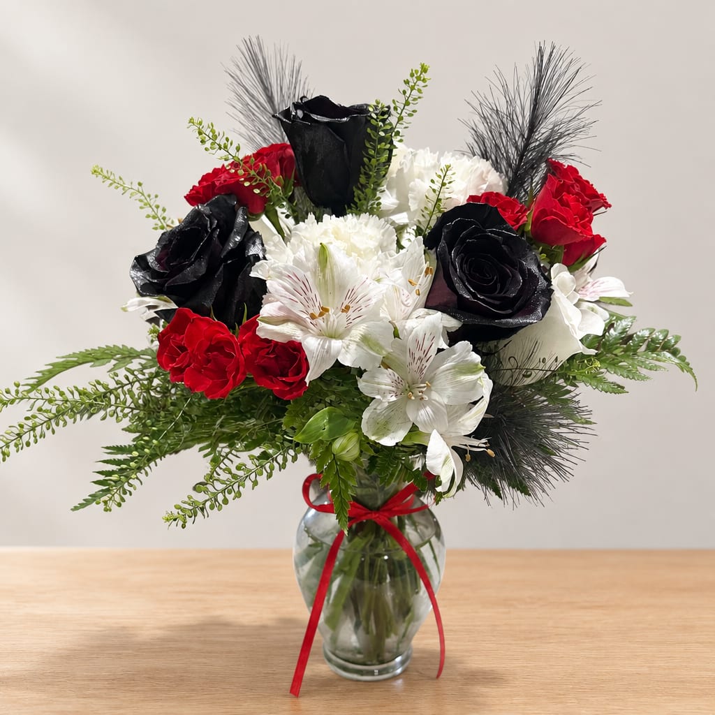 Bouquet of red, white, and black flowers in a glass vase with a red ribbon