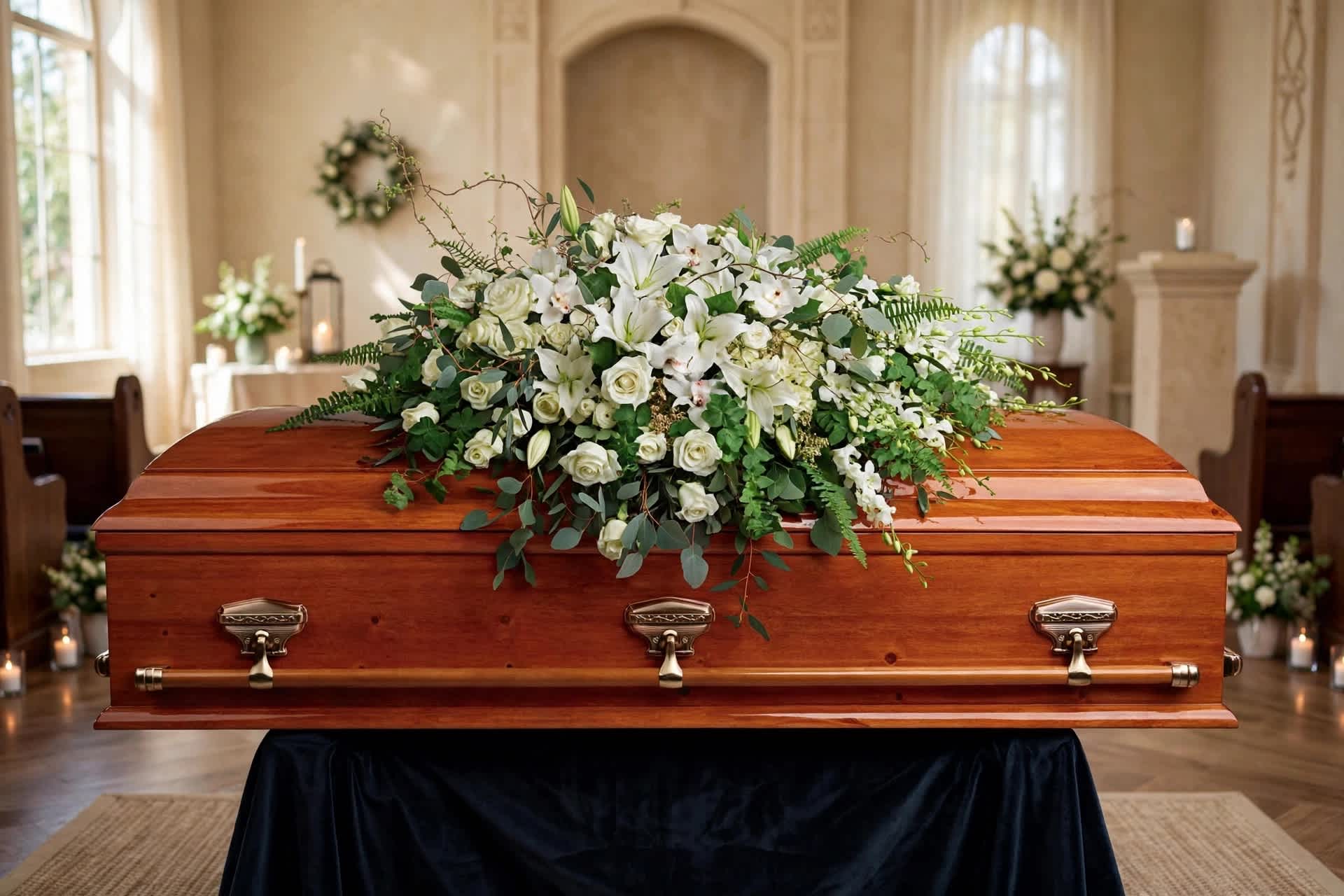 White floral casket spray on a wooden casket in a chapel