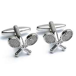 Pair of silver tennis racket cufflinks on a white background
