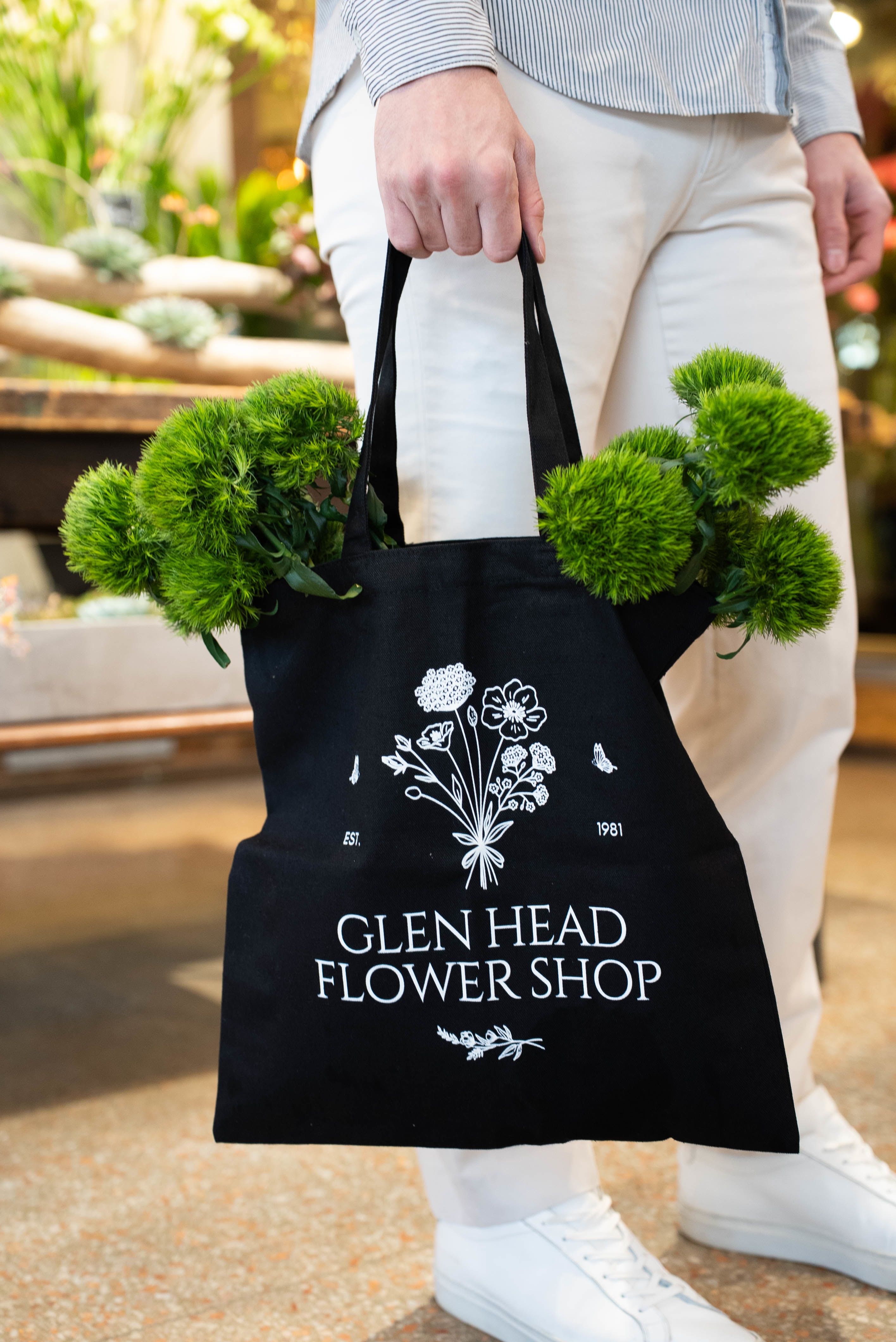 Tote Bag  - A chic black and white GHFS signature tote bag. Measuring 15" x 16" with 20" carrying handle. 100% cotton canvas.  Perfect for running your everyday errands! 