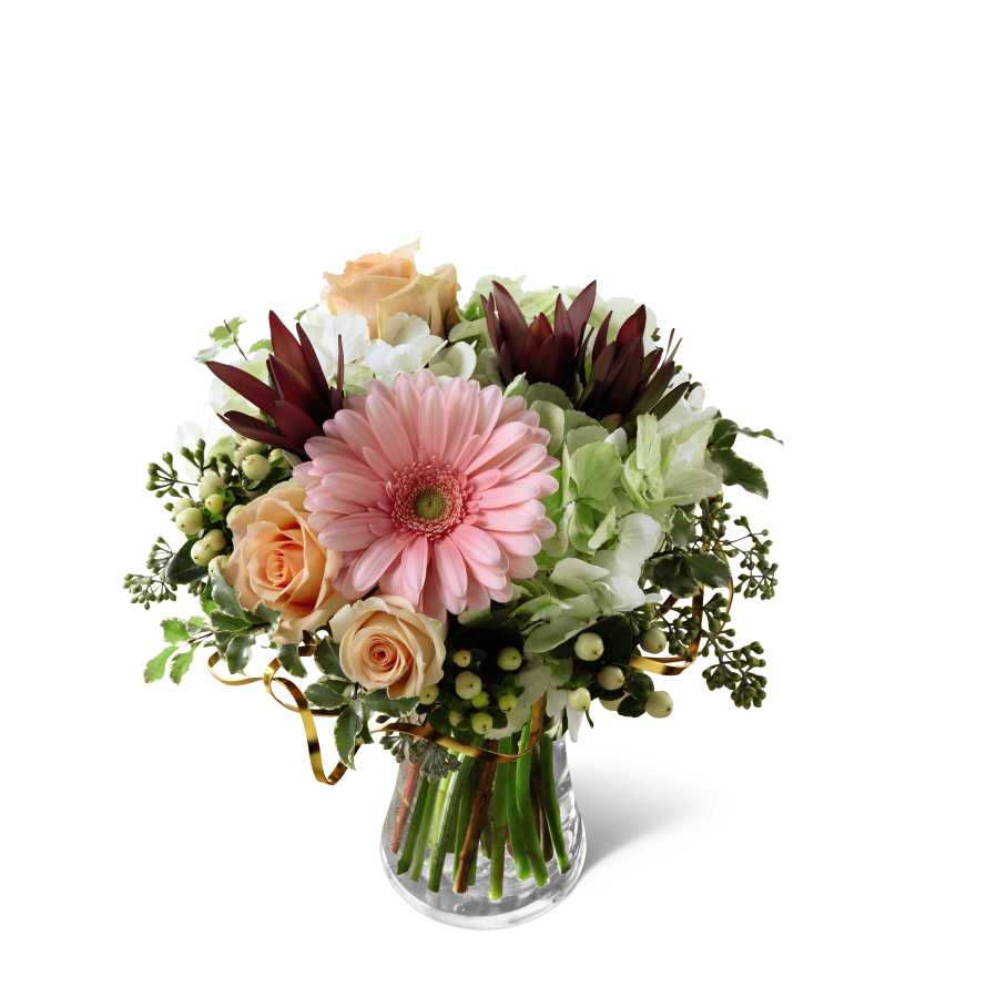 The FTD So Beautiful Bouquet - The FTD So Beautiful Bouquet has that âfresh from the gardenâ appeal that your special recipient will fall in love with! Peach roses, pink gerbera daisies, green hydrangea, peach hypericum berries and an assortment of lush greens are brought together in a clear glass vase to create a delightful bouquet that is perfect to celebrate any of life's special moments. GOOD bouquet includes 5 stems. Approx. 13âH x 11âW. BETTER bouquet includes 7 stems. Approx. 14âH x 12âW. BEST bouquet includes 10 stems. Approx. 15âH x 13âW.