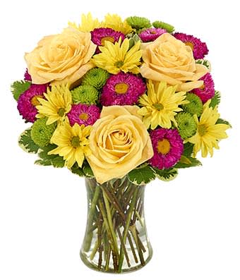 It's a Fine Day Bouquet - Pick an occasion, make someone's day…this beautiful bouquet is an inspired choice for Mother's Day, to say "thank you," to celebrate a birthday, and so much more. Yellow roses, hot pink matsumoto aster, yellow daisies and green button poms are masterfully arranged in an elegant gathering vase. Measures 12”H X 10”L.