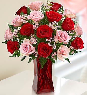 Red and pink roses arranged in a red glass vase
