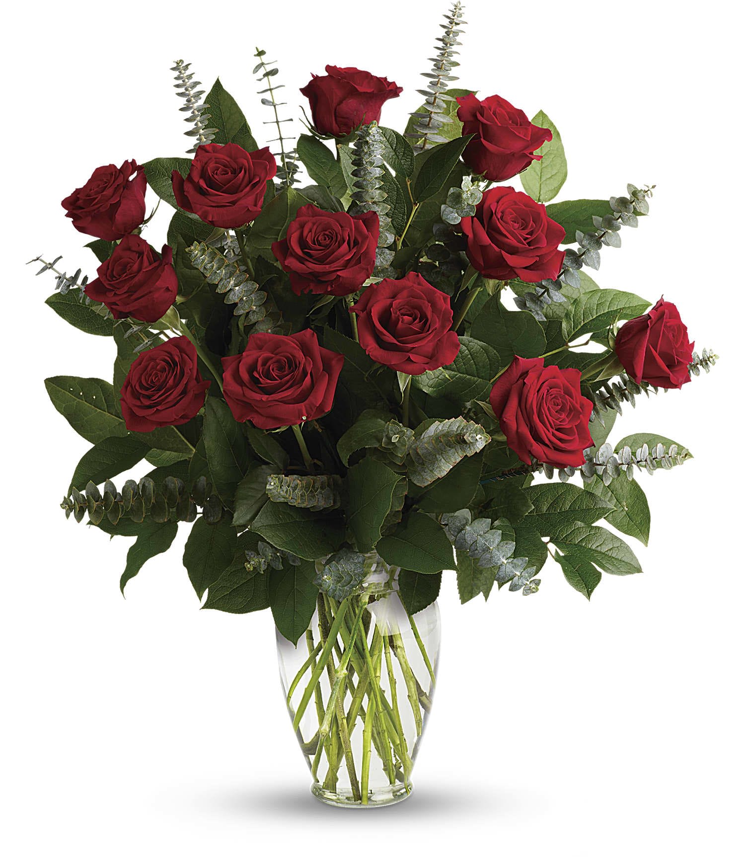 Eternal Love Bouquet - What's more romantic than a dozen red roses? Proclaim your love eternal with this radiant gift of crimson blooms and fresh greens, gathered in a classic keepsake vase. 