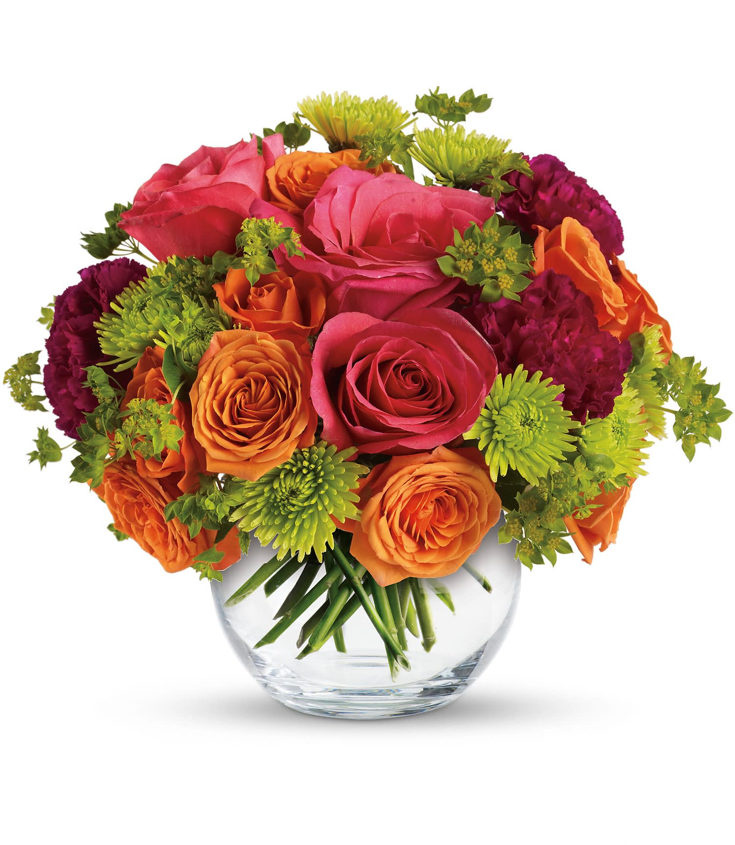 Teleflora's Smile for Me - Rekindle warm feelings with this sweet but sizzling array of hot pink roses, orange spray roses, purple carnations and more in a sparkling glass bubble bowl. A gorgeous gift of love for an anniversary or any romantic occasion. Expect kisses.