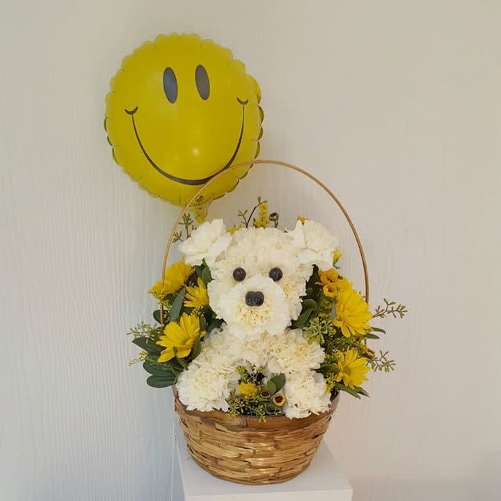 Smile with Fifi - Fifi will bring cheer and and an uplifting smile to anyone. Mylar included. Height (to the top of the handle) is 15" high. Upgrades of this item will mean you get an additional amount of flowers added to the design, Fifi can be personalized for any occasion, call us to create your unique Fifi today! 