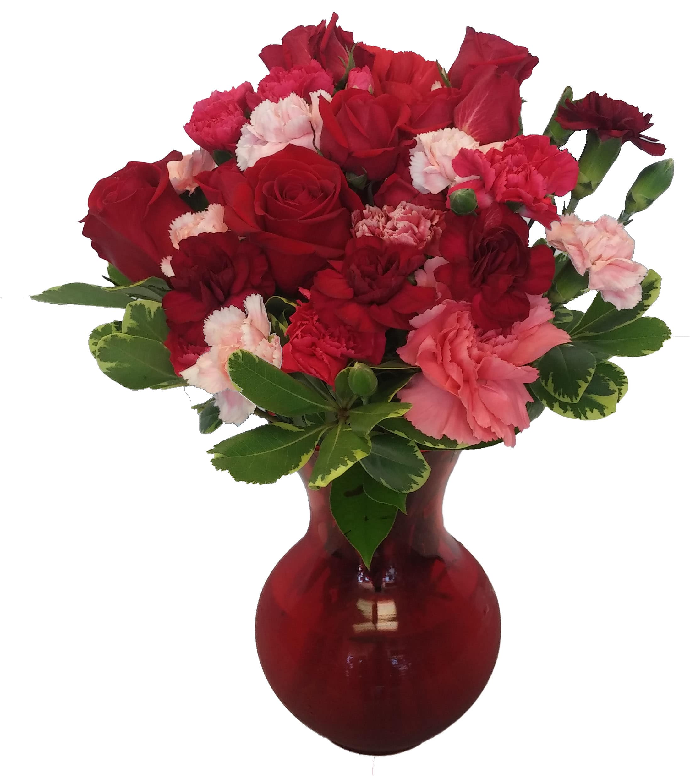 Red and pink carnations with roses in a red glass vase