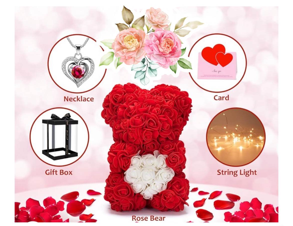 Red rose teddy bear with a white heart on its chest, shown with gift add-ons