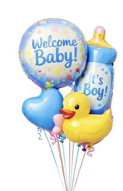 Baby shower balloon bouquet with "Welcome Baby!" and a duck balloon