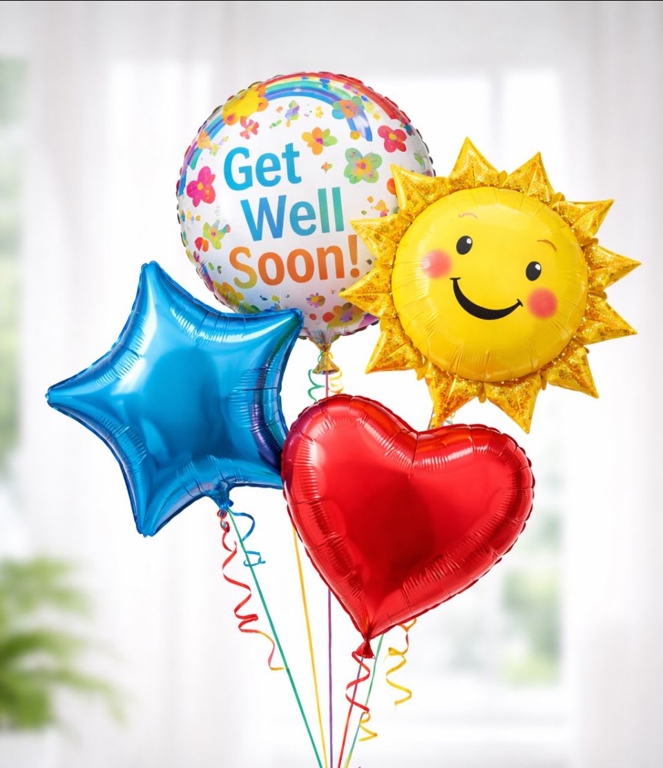 Cluster of colorful balloons including Get Well Soon, sun, star, and heart shapes