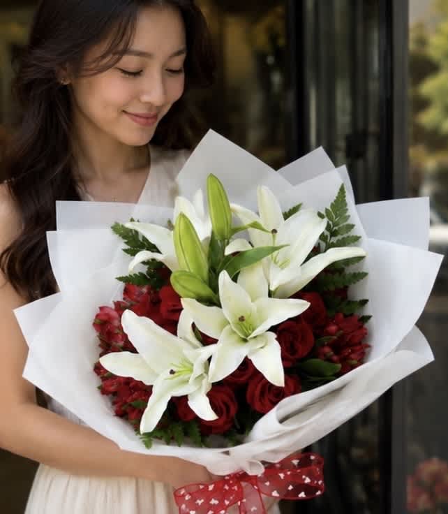 Woman holding a bouquet of white lilies and red roses wrapped in white paper