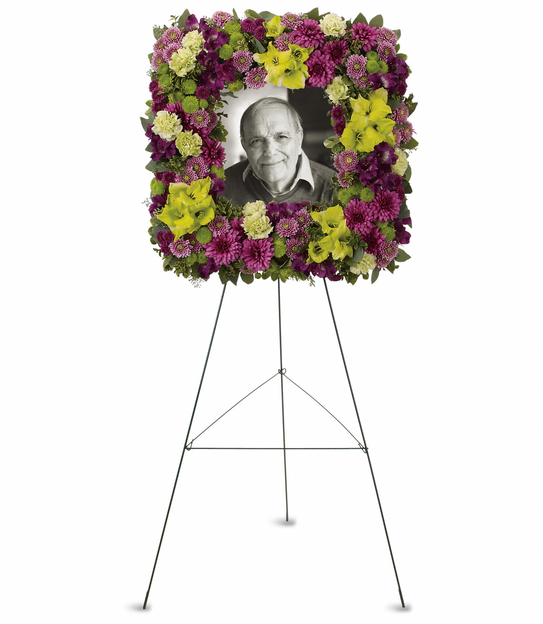 Mosaic of Memories Square Easel Wreath  - A unique and lovely tribute for the service, this contemporary square easel wreath of purple and green flowers is a gift of caring expressed with beauty and style. 