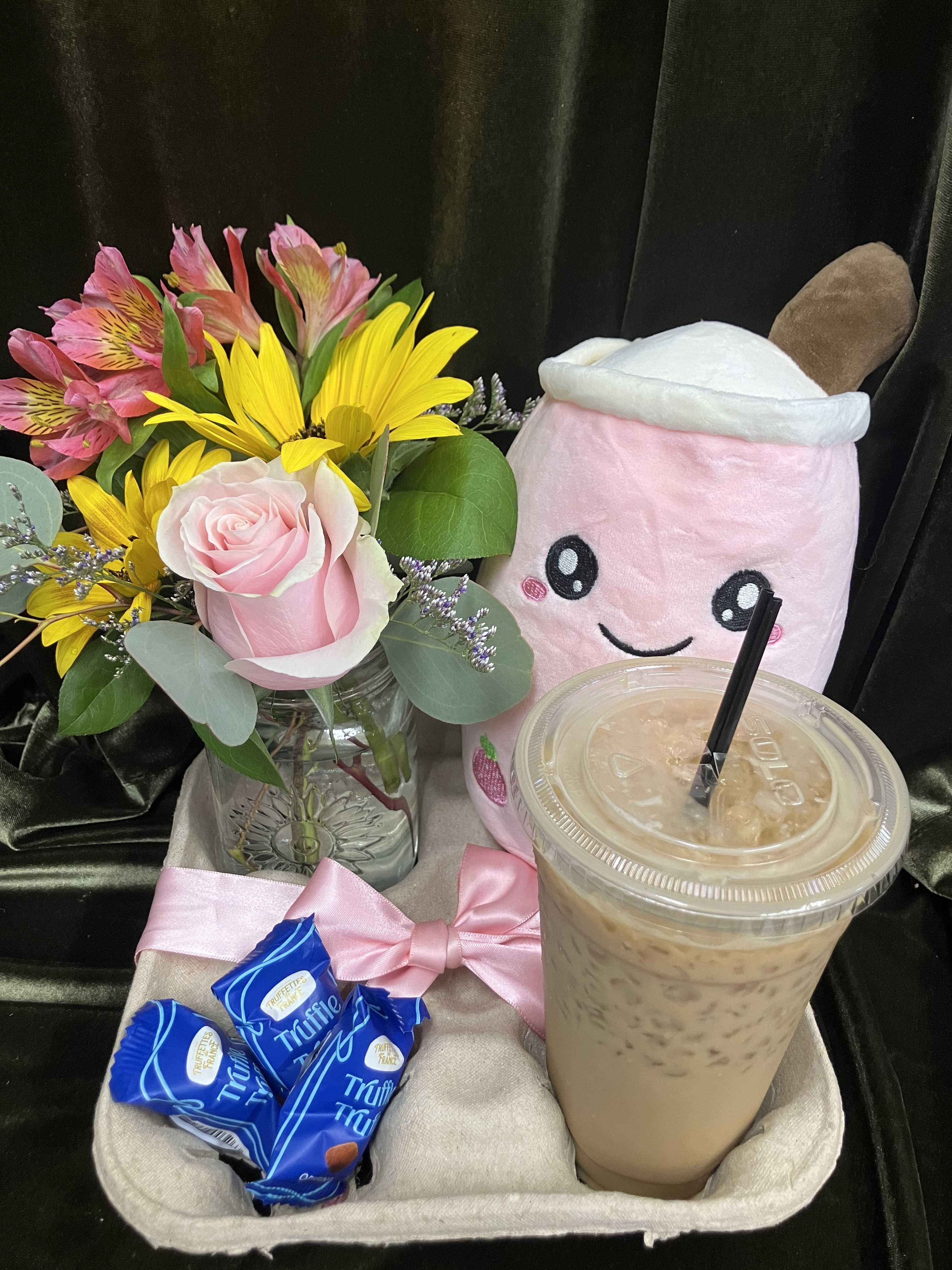 Pink rose and yellow daisy bouquet with a plush drink and iced coffee tray