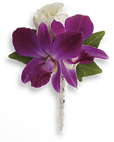 Purple and white orchid boutonniere with a ribbon-wrapped stem