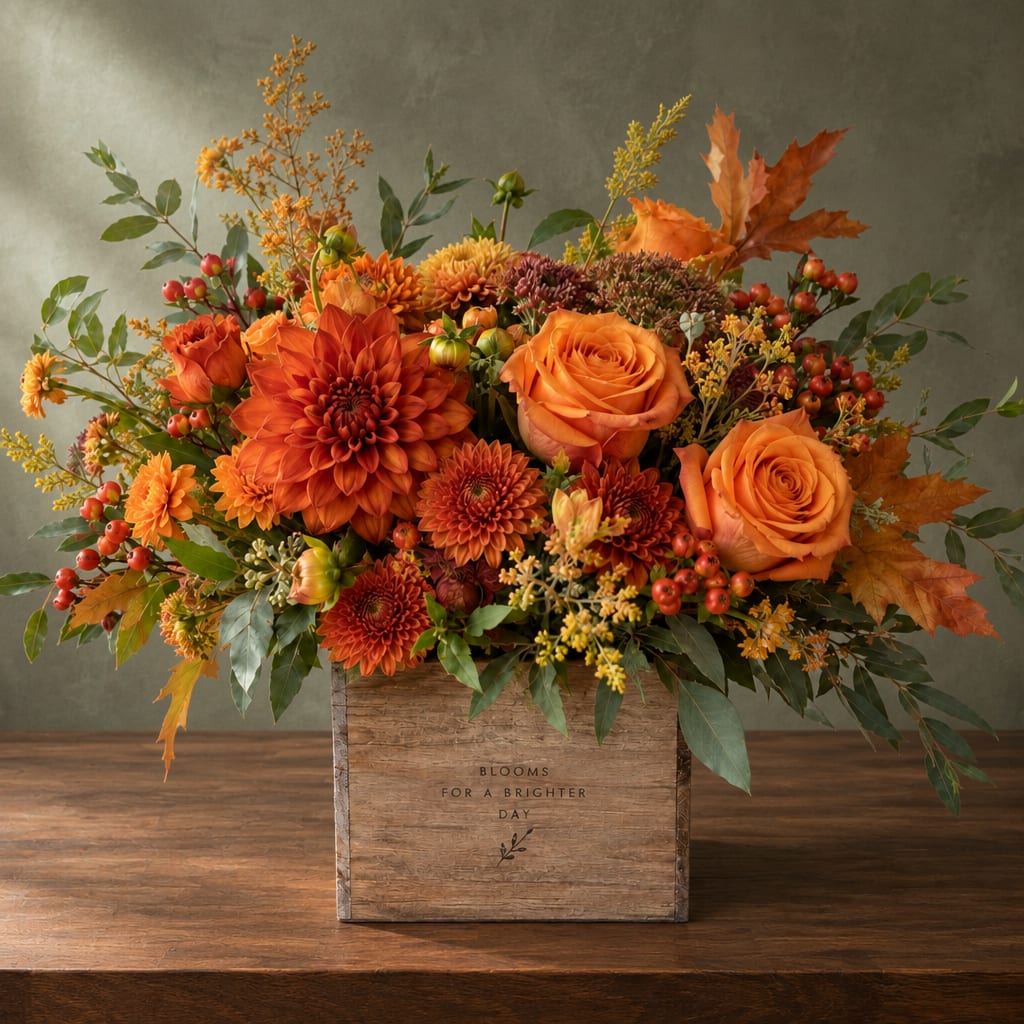 Orange roses and chrysanthemums in a wooden box with autumn leaves