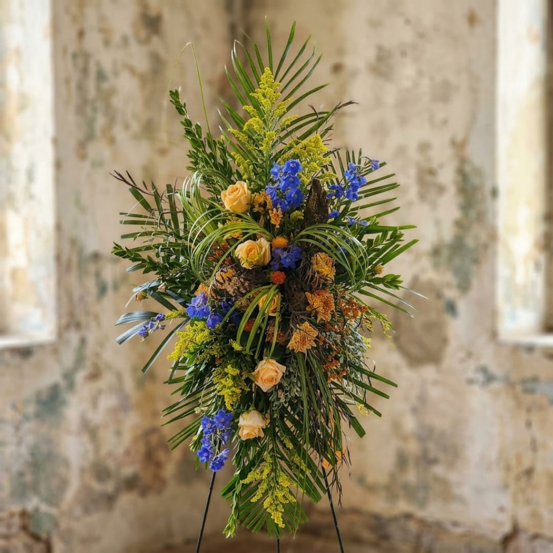 Tall floral standing spray with peach roses, blue flowers, and tropical greenery