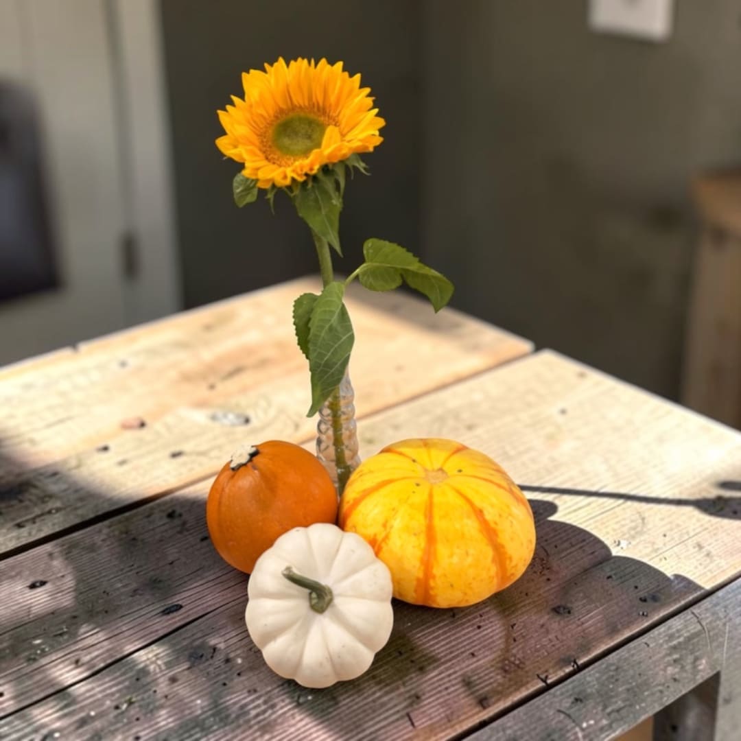 Single sunflower in a small vase with three decorative pumpkins