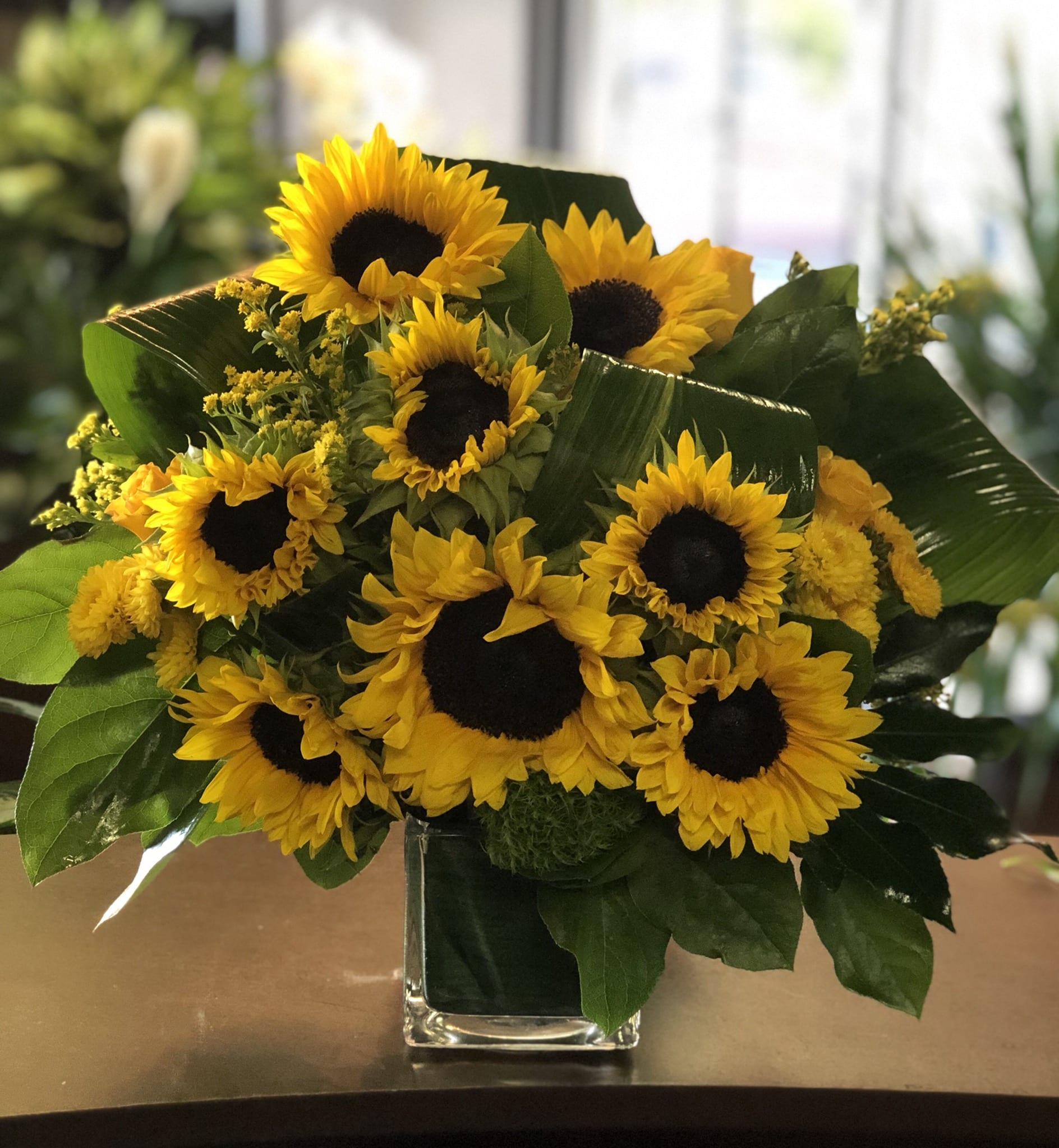 Sunflower bouquet in a clear glass vase