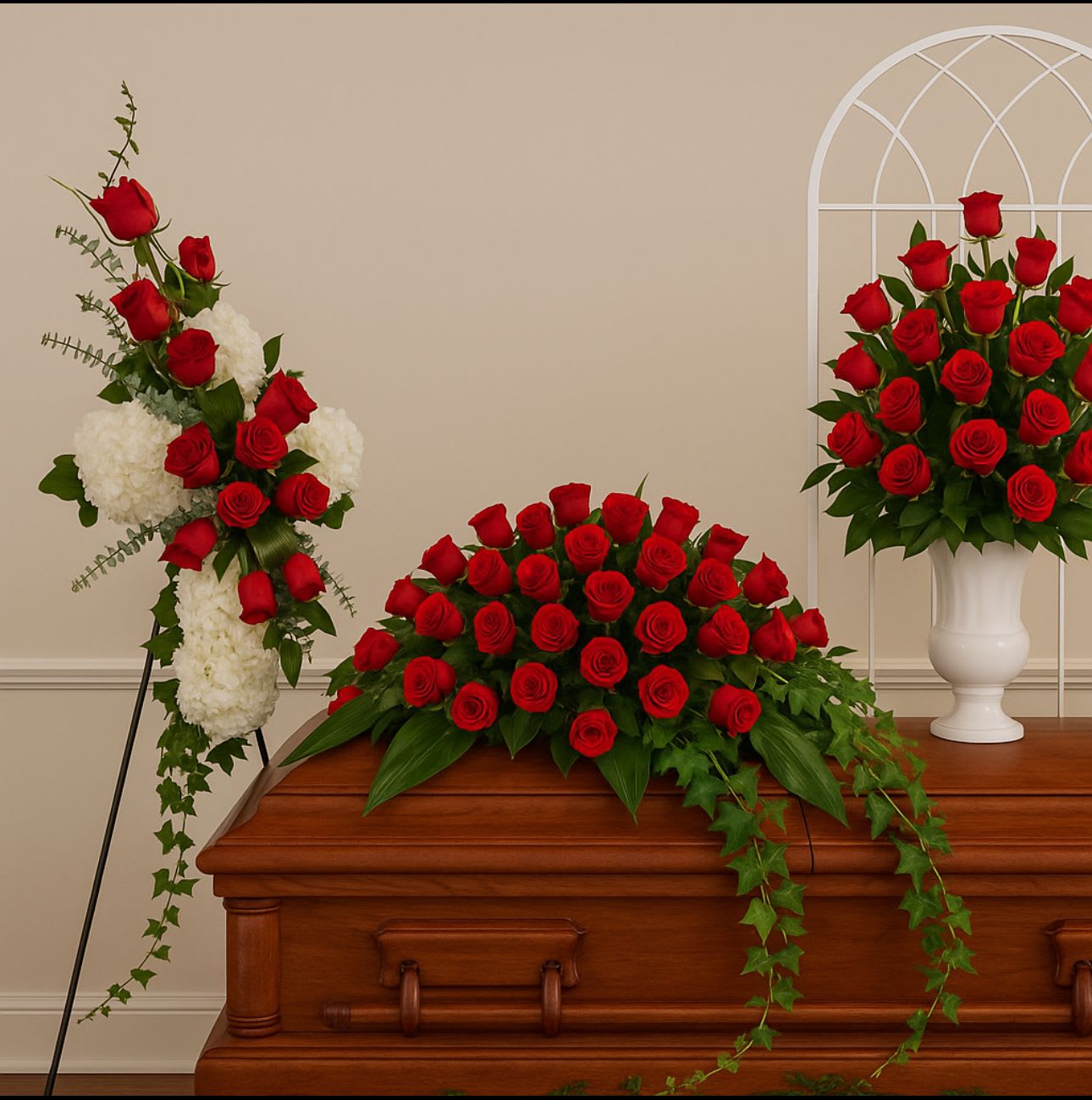Red rose funeral sprays arranged around a casket