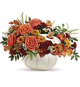 Teleflora's Enchanted Harvest Bouquet - Earthy tones and autumn color swirls evoking childhood memories of visiting the pumpkin patch