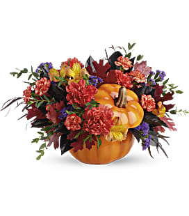 Teleflora's Hauntingly Pretty Pumpkin - Add a hauntingly beautiful touch to your fall festivities with this magnificent mix of autumnal alstroemeria and carnations, gathered in a glazed ceramic pumpkin that's sure to be an annual décor favorite!