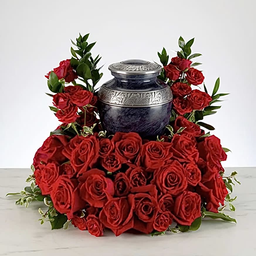 Always and Forever - Pure red roses and greenery come together to create this beautiful urn arrangement. Celebrate and honor their memories with this bouquet with love and sincere sympathies.  Urn not included.  Approximately 18" H x 14" W