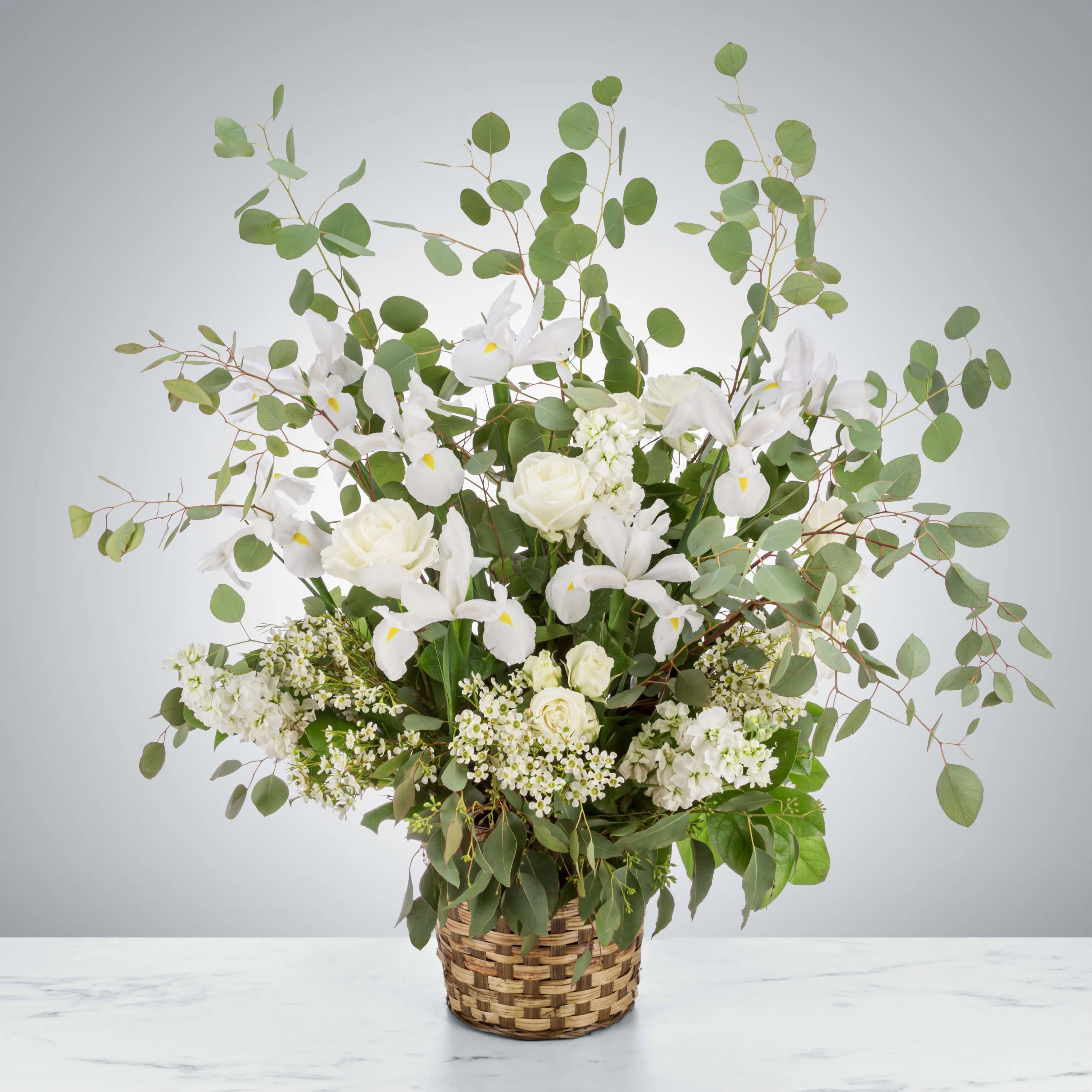 Bright Star  - A wispy white and green basket featuring silver dollar eucalyptus and white iris. This arrangement smells lovely and is suitable for any type of ceremony.  Approximately 28” H x 20” W
