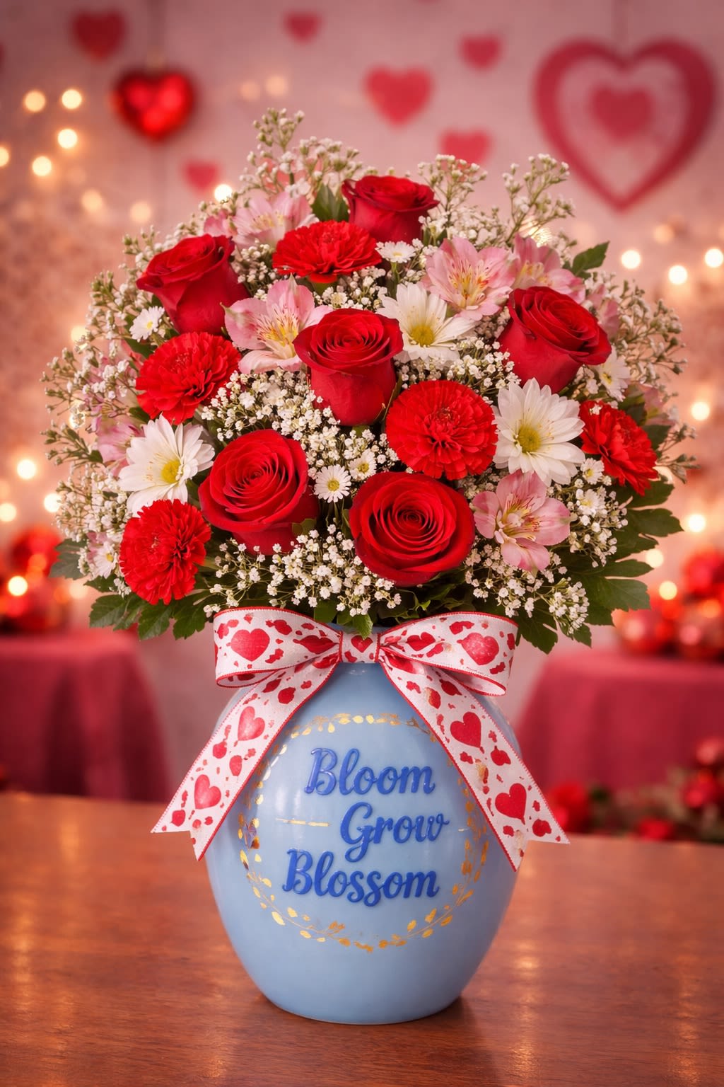 Blooming Hearts -  Sweetheart Mixed Rose Arrangement A charming and joyful arrangement designed to brighten hearts. This beautiful bouquet features vibrant red roses paired with delicate seasonal blooms and soft accent flowers, arranged in a keepsake vase with a decorative ribbon for an extra touch of love. The combination of rich reds, soft whites, and blush tones creates a playful yet romantic design — perfect for Valentine’s Day, anniversaries, romantic surprises, or simply reminding someone how special they are. • Fresh premium roses • Seasonal accent flowers • Decorative keepsake vase • Romantic ribbon detail • Designed for fullness and balance ⸻  Freshness &amp; Substitution Policy Flowers are selected fresh daily. If certain accent flowers are unavailable, we may substitute similar blooms while maintaining the same color palette, style, and overall value — ensuring your arrangement always looks beautiful and full.