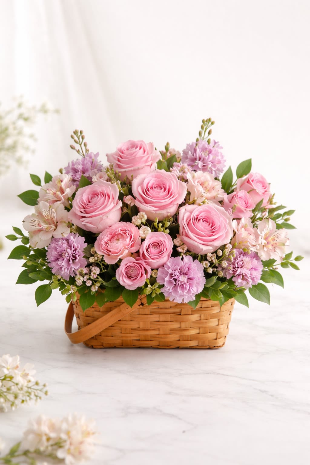 Blush Garden Basket - Description: A romantic garden-style arrangement featuring lush pink roses, soft lavender blooms, delicate accent flowers, and fresh greenery, beautifully arranged in a natural woven basket. This design showcases a harmonious blend of blush pink and soft lavender tones, creating a fresh and timeless look perfect for birthdays, anniversaries, new babies, sympathy, or just because.  Substitution Policy: Flower varieties may vary based on seasonal availability, but the overall color palette and garden-style design will always remain the same. Any substitutions will be of equal or greater value and will maintain the soft pink and lavender theme shown.  Container Notice: Basket style may vary slightly depending on availability, but it will always complement the arrangement and match the natural garden aesthetic. Our goal is to deliver a bouquet that reflects the same fullness, color harmony, and elegance as pictured.