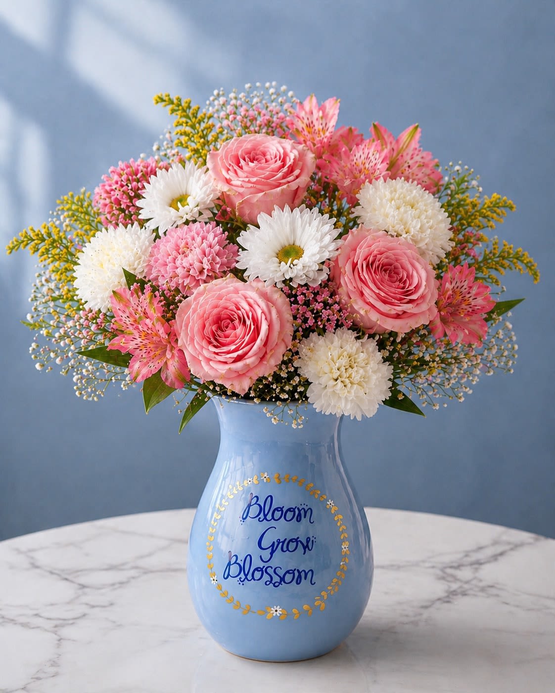 Blush Meadow - A delicate garden-inspired arrangement featuring soft blush pink roses, pink alstroemeria, white button mums, dainty daisies, airy baby’s breath, pink wax flower, and golden solidago beautifully arranged in a charming blue keepsake vase. Blush Meadow feels light, romantic, and effortlessly cheerful — like a blooming spring garden kissed by morning sunlight. The soft pastel palette paired with whimsical textures creates a sweet and elegant floral design full of warmth and grace.