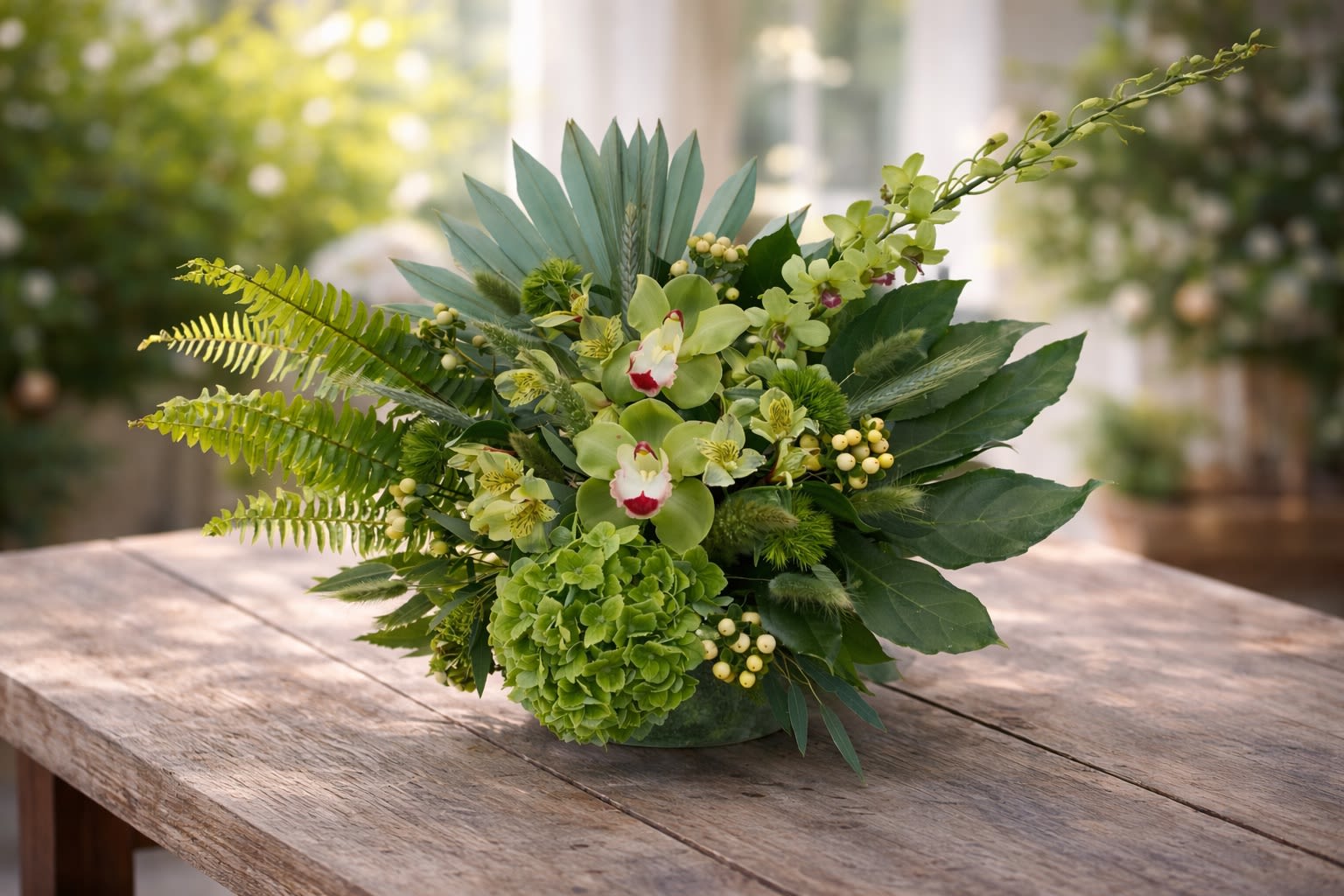 Emerald Garden -  Emerald Garden Luxe Description: A fresh, modern garden-style arrangement featuring elegant green cymbidium orchids, lush hydrangea, layered ferns, and premium seasonal greenery in rich emerald tones. Designed in a low contemporary vessel, this arrangement highlights natural texture, depth, and sophistication. It’s perfect for birthdays, sympathy gestures, thank-you gifts, housewarmings, or simply elevating any space with timeless greenery. • Premium green orchids • Fresh hydrangea • Textural ferns &amp; luxury foliage • Designer low vase included ⸻  Seasonal &amp; Freshness Guarantee We source our flowers fresh and seasonally to ensure the highest quality and longest vase life. Due to seasonal availability, certain blooms or greens may occasionally be substituted. If a substitution is necessary, we will: • Maintain the same overall design style • Keep the same color palette (green, natural, elegant tones) • Preserve the premium look and full value of the arrangement • Use flowers of equal or greater quality. Your arrangement will always reflect the same lush, modern garden aesthetic shown — never a completely different look. Each piece is handcrafted with care to ensure it feels full, fresh, and beautifully balanced.