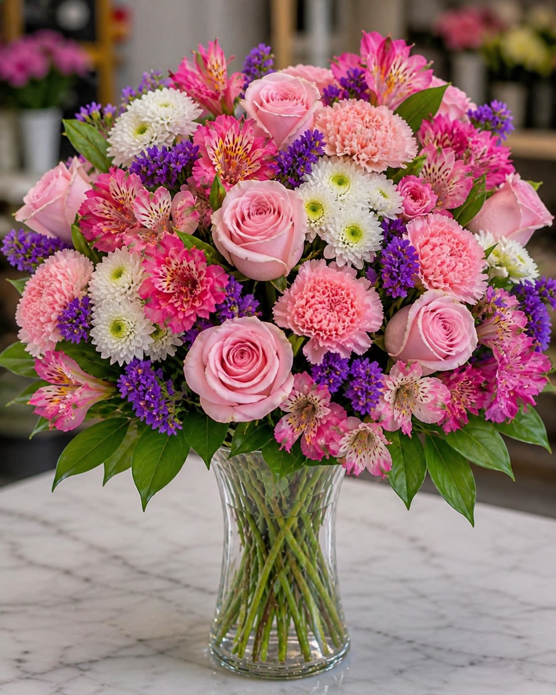 Fleur de Rêve - Romantic, feminine, and full of whimsical elegance, Fleur de Rêve is a lush garden-inspired arrangement featuring blush pink roses, vibrant alstroemeria, soft pink carnations, white button mums, and rich purple statice gathered in a graceful clear glass vase. Its dreamy blend of pinks, lavenders, and crisp whites creates a joyful yet refined floral composition that feels luxurious, playful, and effortlessly chic.