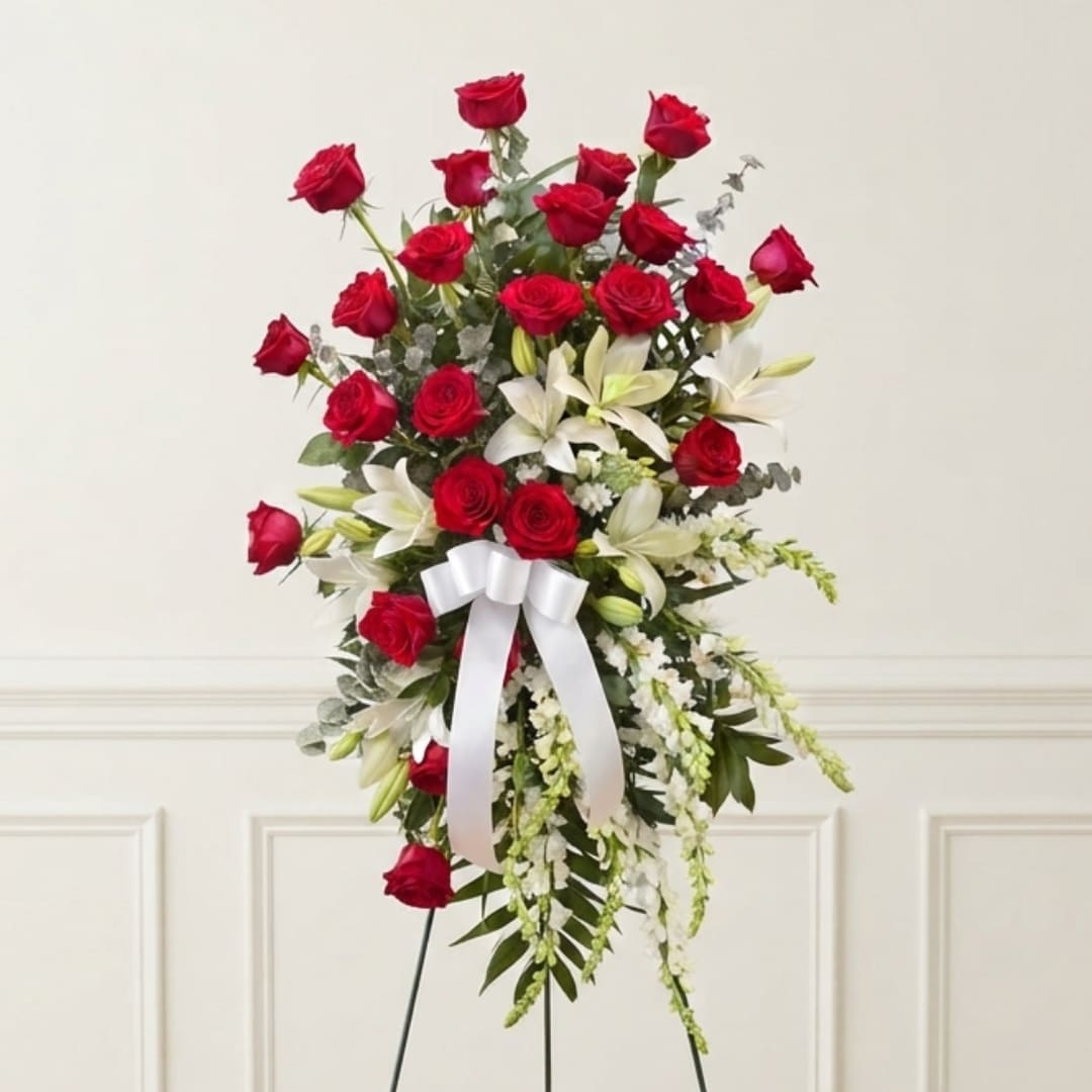 Tall standing floral spray with red roses, white lilies, and a white ribbon