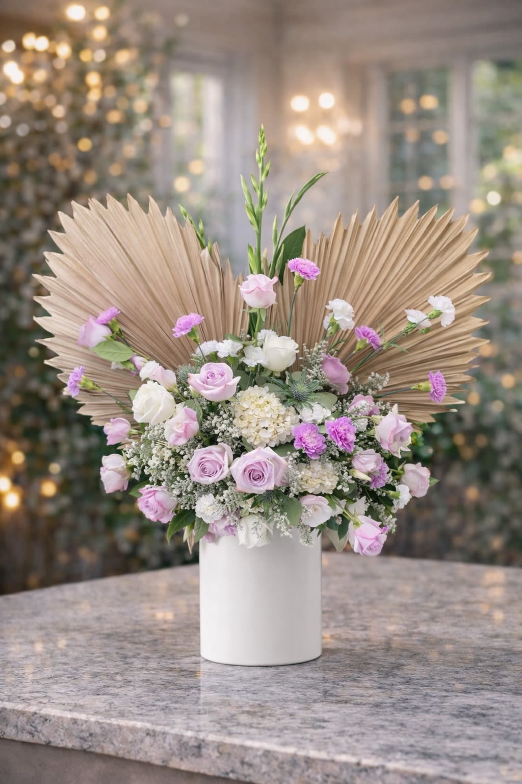 Lavender Boho Luxe - A soft and sophisticated arrangement featuring premium lavender and ivory roses, delicate seasonal blooms, lush hydrangea, and dramatic dried palm accents arranged in a modern white ceramic vase. Designed in a contemporary boho-inspired style, this piece blends airy pastel tones with sculptural neutral elements for a refined and on-trend presentation. The layered textures create movement, depth, and visual impact while maintaining a soft romantic feel. Perfect for bridal showers, baby showers, birthdays, brunch celebrations, sympathy gestures, or modern home décor. • Premium lavender and ivory roses • Soft seasonal accent blooms • Fresh hydrangea • Decorative dried palm accents • Modern white ceramic vase included • Contemporary boho-style design Handcrafted for balance, fullness, and elevated presentation. ⸻  Seasonal &amp; Freshness Guarantee We carefully select the freshest blooms available to ensure beauty and longevity. Because flowers and decorative dried elements are seasonal, certain accent blooms or palm varieties may occasionally vary. If substitutions are necessary, we will: • Maintain the same soft lavender and ivory color palette • Preserve the same airy boho-inspired aesthetic • Keep the same overall size and premium value • Use flowers and accents of equal or greater quality. Your arrangement will always reflect the same modern and elegant style shown — never a simplified version. Each piece is thoughtfully designed to maintain structure, texture, and harmony.
