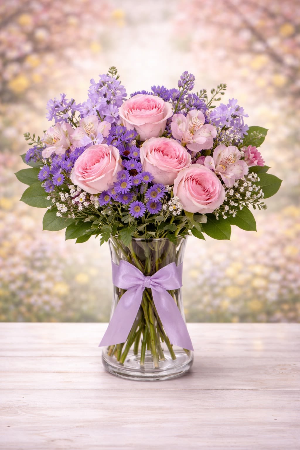 Lavender Promise - A graceful and romantic arrangement featuring soft pink roses surrounded by delicate lavender and purple blooms, accented with airy fillers and lush greenery. Designed in a clear glass vase finished with a coordinating ribbon, this piece feels elegant, fresh, and full of gentle charm. The balanced blend of pastel tones creates a soothing yet joyful presence — perfect for birthdays, anniversaries, baby celebrations, or simply sending love. Substitutions: Flower varieties may vary based on seasonal availability, but the pink and lavender color palette and overall fullness will always remain consistent. Any substitutions will be thoughtfully selected to match the same soft, romantic look. The ribbon and container will always coordinate beautifully with the arrangement’s colors for a cohesive finish.*
