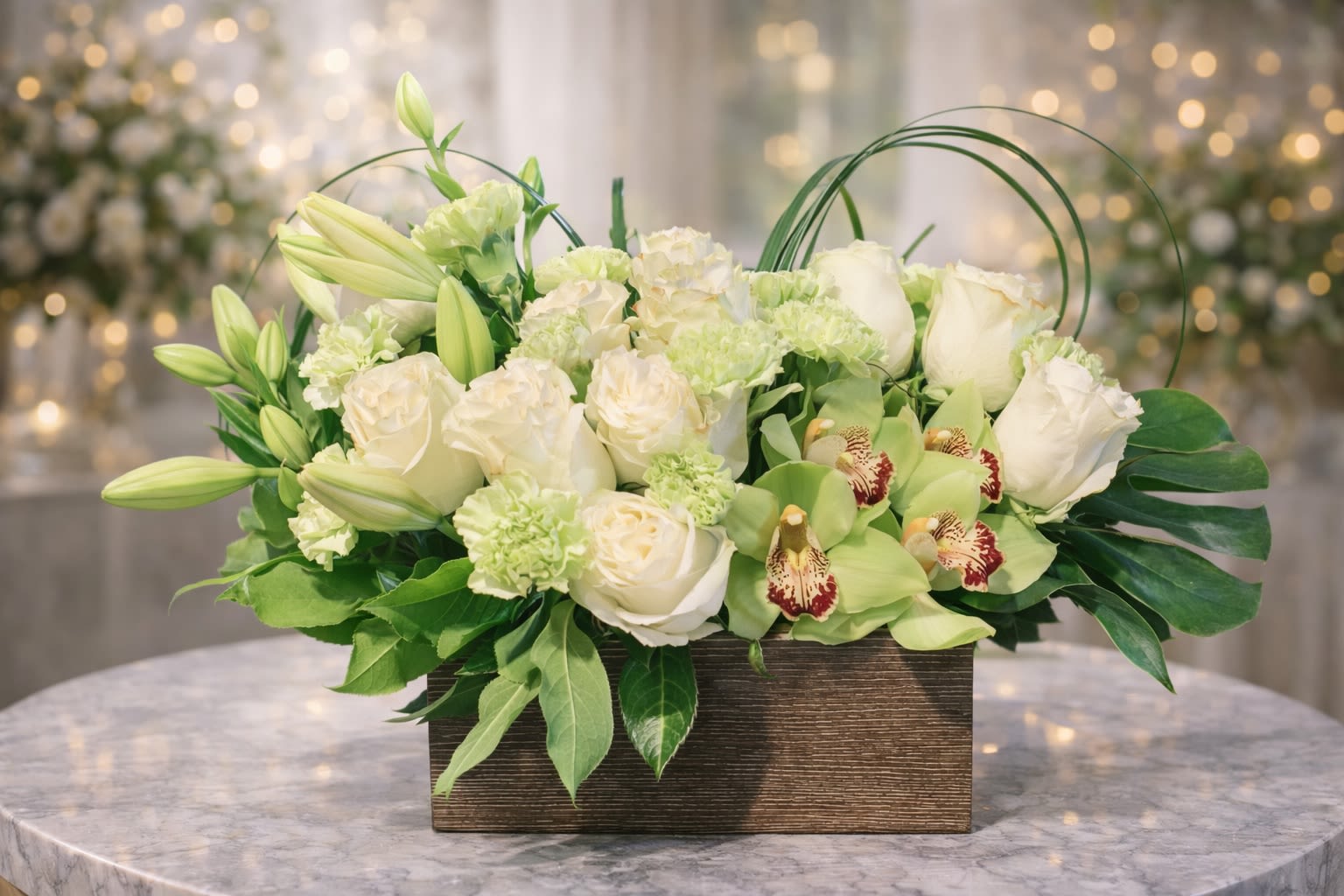 Luxe Botanical Bliss -  sophisticated blend of white roses, elegant lilies, green cymbidium orchids, and soft green carnations designed with lush premium greenery in a modern wooden container. This luxurious arrangement brings a fresh, serene, and upscale feel perfect for birthdays, sympathy, thank you gifts, anniversaries, or elegant home décor. Flower varieties and container may vary slightly based on seasonal availability while maintaining the same beautiful style and value.