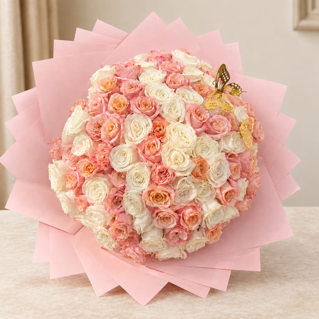 Round bouquet of pink and white roses wrapped in pale pink paper
