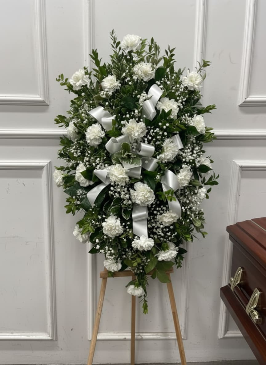 Standing spray of white carnations and baby's breath with white ribbon bows on a wooden easel.