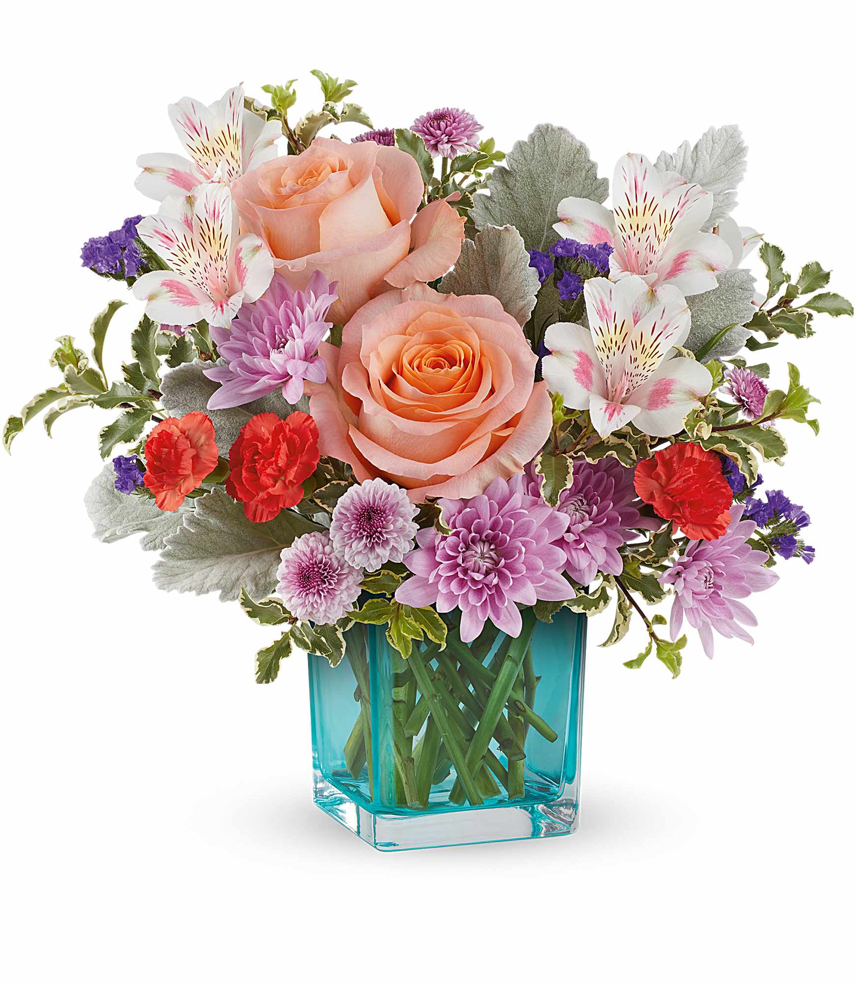 Bouquet of peach roses, purple blooms, and white alstroemeria in a blue vase