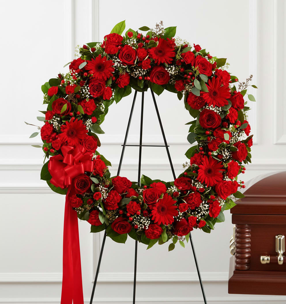 Beloved Loved Wreath - A dense circle of deep red roses, gerbera daisies and carnations forms a solemn, sculptural sympathy wreath that immediately reads as a respectful tribute. This funeral wreath arrangement for memorial services or graveside ceremonies speaks to the person you're honoring with a dramatic, all‑red palette softened by small white filler blooms and glossy green foliage-the kind of presentation that lets mourners feel the depth of your sentiment.  Mounted upright on a sturdy black metal easel and finished with a prominent red satin bow and long red ribbon, the wreath is substantial in scale and built for a ceremonial setting. The mix of velvety roses, bold gerbera faces and textured carnations creates a layered visual effect and lasting presence; glossy foliage adds contrast while the white accents bring quiet light to the composition.  Designed to comfort and commemorate, this wreath is a meaningful way to express love and respect at a funeral or memorial service. It arrives ready to display on the included easel; for best longevity, keep the arrangement cool and out of direct sun until the service.