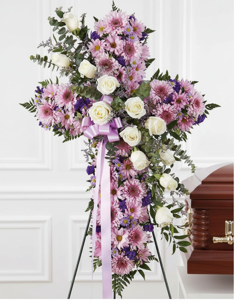 Peace And Prayers Lavander Standing Cross - A large, dignified standing cross arrangement that immediately reads as a peaceful tribute-perfect for a funeral or sympathy setting. The Peace And Prayers Lavender Standing Cross pairs pink daisy-like blooms with crisp white roses and small purple accents to create a soft, reverent palette; the lavender satin ribbon tied at the center and trailing streamers adds a gentle, consoling touch that helps the person you're honoring feel remembered and respected.  This floral cross is densely layered so flowers cover the form completely, with a formal downward trail that enhances its devotional silhouette on a white floral stand or standing easel. Textures range from the rounded, velvety rose heads to the lighter daisy petals and tiny purple fillers, and green foliage peeks through to give depth and a natural finish. Designed for display beside a casket or at a memorial service, it conveys sympathy and serenity without being overly ornate.  Choose this arrangement to express heartfelt condolences and to provide a calming focal point during a service-the colors and composition are meant to comfort those grieving and to honor the life being celebrated. Supplied ready on a floral stand for immediate placement, the ribbon and packing are arranged for ceremonial presentation; please let us know if placement with a casket or special delivery instructions are needed.