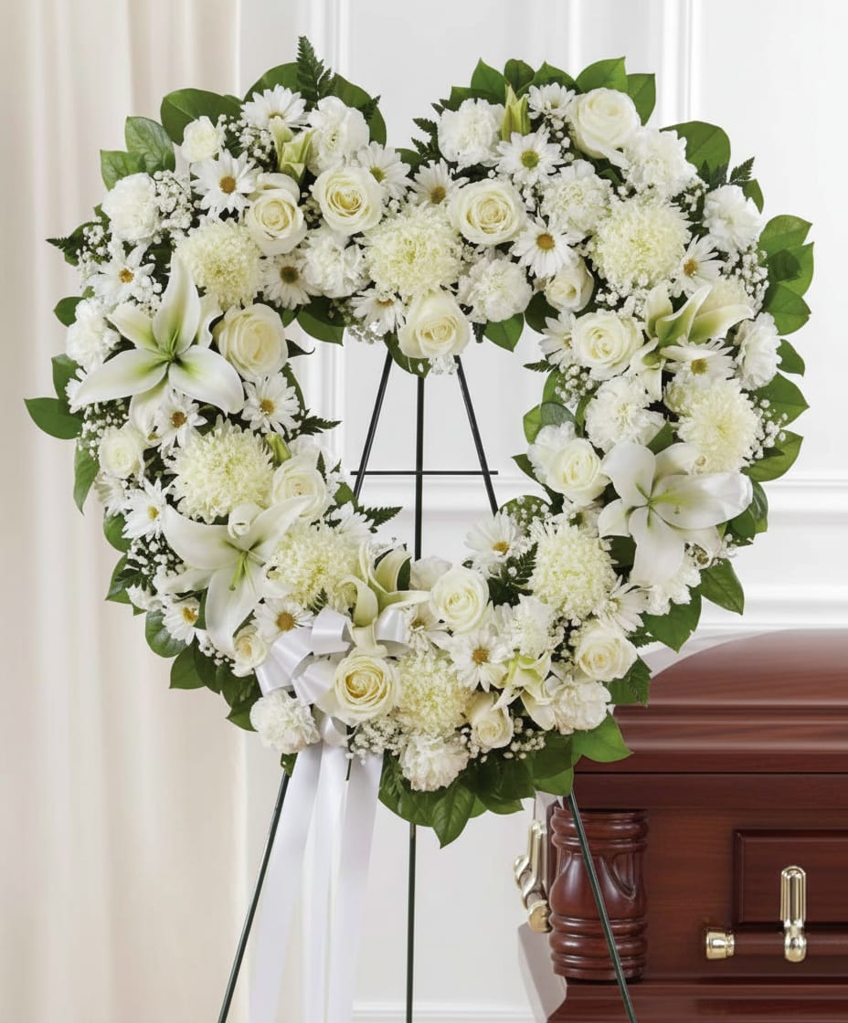Always Remember Standing Heart - A graceful heart-shaped sympathy wreath that brings calm and reverence to a funeral or memorial service. This standing heart arrangement is designed for remembrance and comfort-its all-white palette and classic silhouette make it an appropriate choice for expressing sympathy, honoring a life, or sending condolences to the family.  Hand-crafted with white roses, lilies, daisy-like blooms, carnations and clusters of small filler flowers, the wreath is framed by broad green foliage for clear shape and contrast. Mounted on a sturdy metal easel and finished with a white ribbon at the base, the composition reads formal and serene next to a casket or at a memorial display. Its generous size and traditional heart form create a heartfelt, dignified tribute that will help the person you're thinking of feel seen and honored.