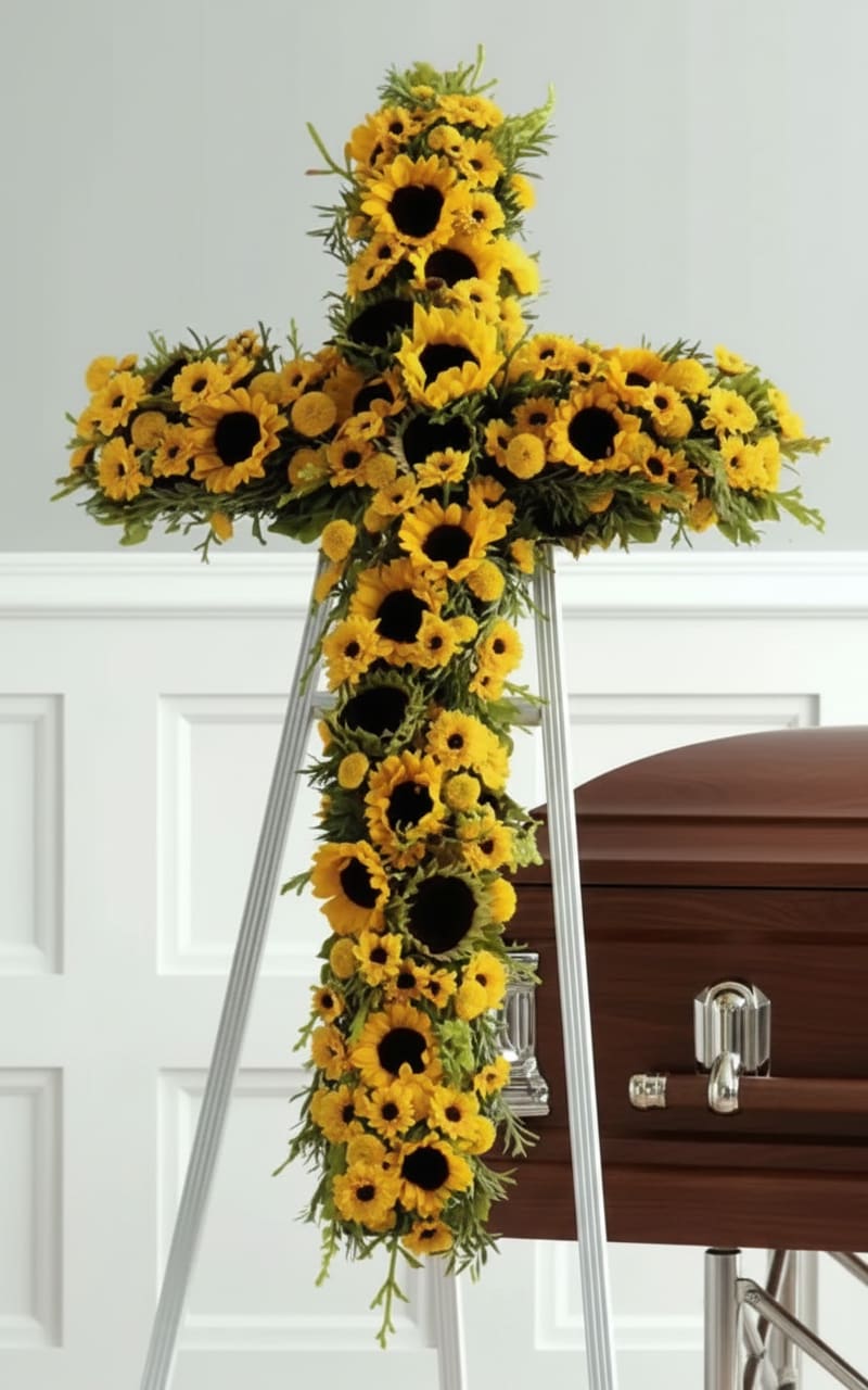 Bright &amp; Sun-Flower Standing Cross - A radiant standing cross of sunflowers, daisies and chrysanthemums designed as a funeral tribute-bright yellow blooms packed into a clear cross shape to honor a life with warmth and dignity. The bold sunflower faces, their dark centers, give a striking contrast against the smaller daisy-like blooms and round chrysanthemums, creating a visually strong yet gentle memorial for a service or graveside ceremony.  Shown on a sturdy metal easel and pictured in front of a wooden casket, this arrangement reads formal and ceremonial while feeling uplifting rather than somber; the surrounding green foliage softens the edges and adds depth. Sized to command attention at a service, it's a meaningful way to express sympathy and celebrate sunlight-filled memories for the person you're remembering.
