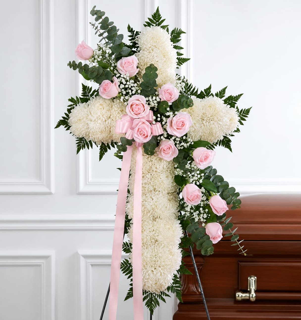 Classic Standing Cross ( Light Pink) - A beautiful cross with a swag of light pink roses with baby blue eucalyptus, and baby breath