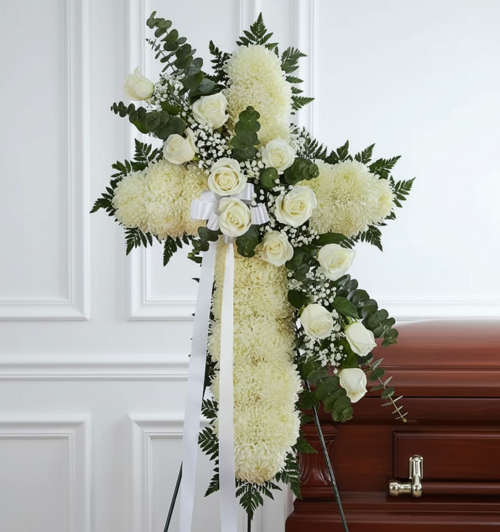 White floral funeral cross on an easel beside a casket