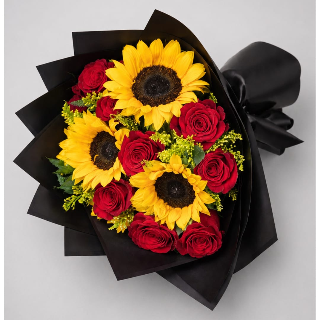 Bouquet of red roses and yellow sunflowers wrapped in black paper