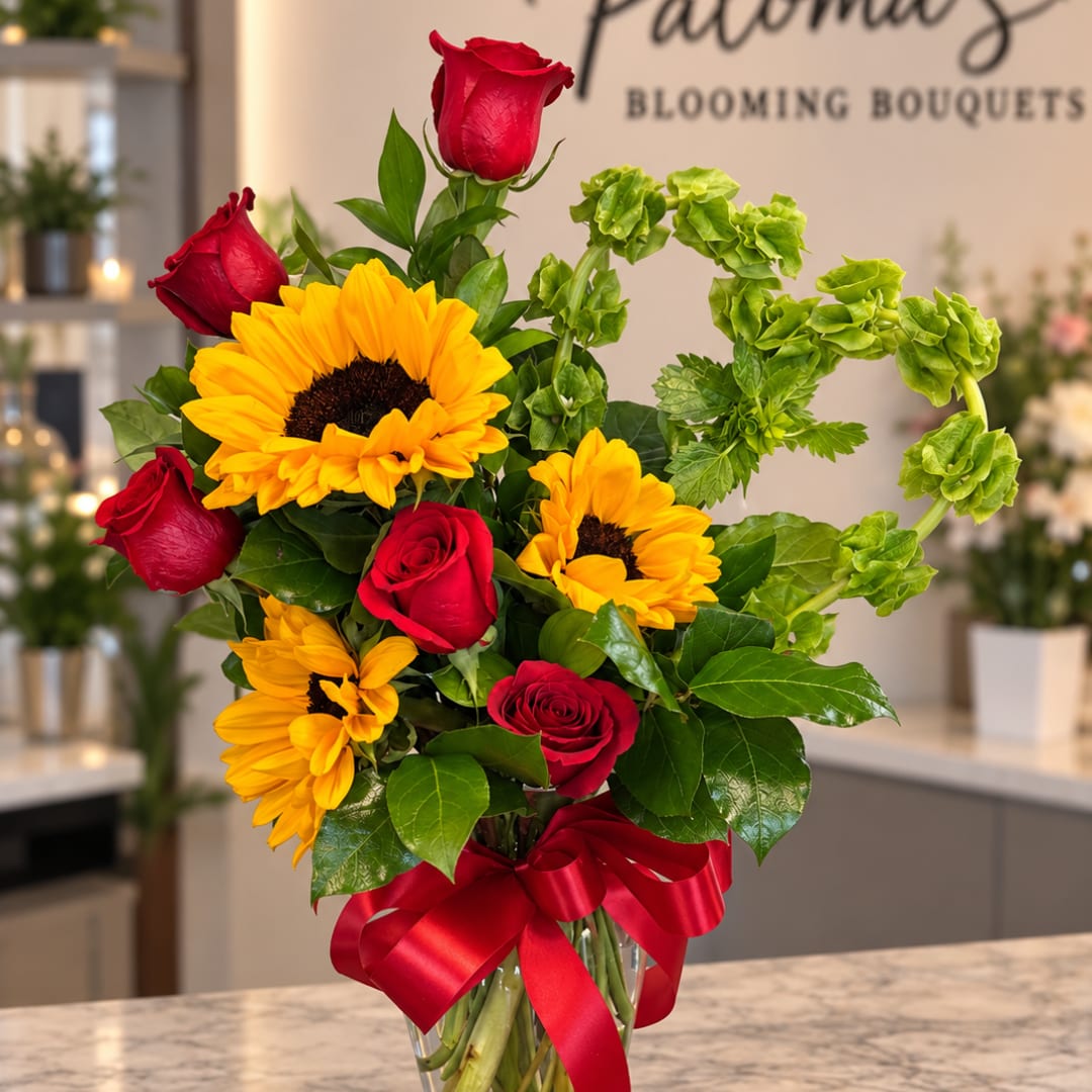 Red roses and yellow sunflowers in a clear vase with a red ribbon