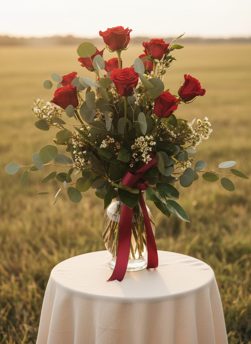 Red roses in a glass vase with greenery and a burgundy ribbon