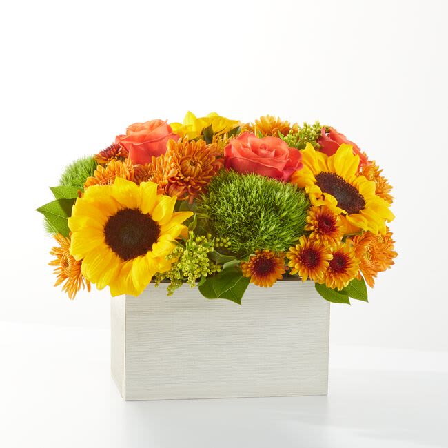 Sunflower and rose arrangement in a white square box